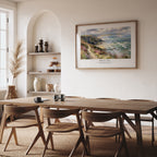 Hebrews 10:23 Christian art print featuring a rugged coastline and ocean waves, displayed in a warm neutral dining room.