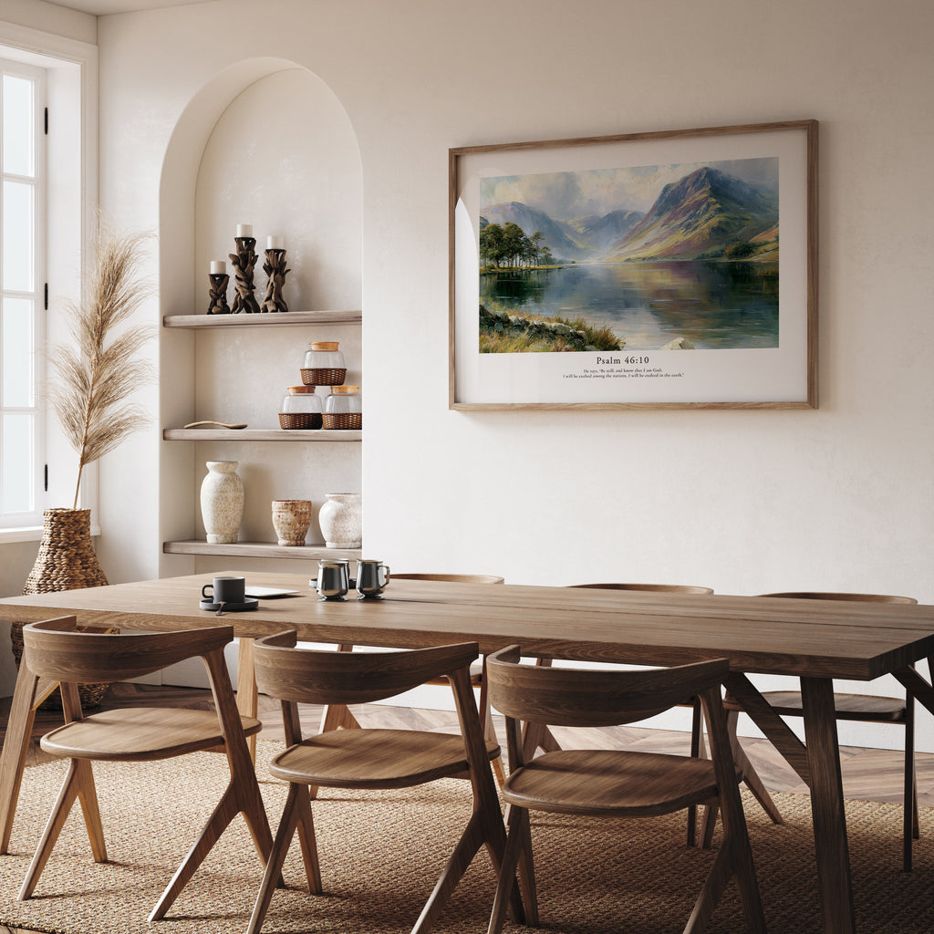 Psalm 46:10 Christian art print featuring a tranquil mountain lake, displayed in a warm neutral dining room.
