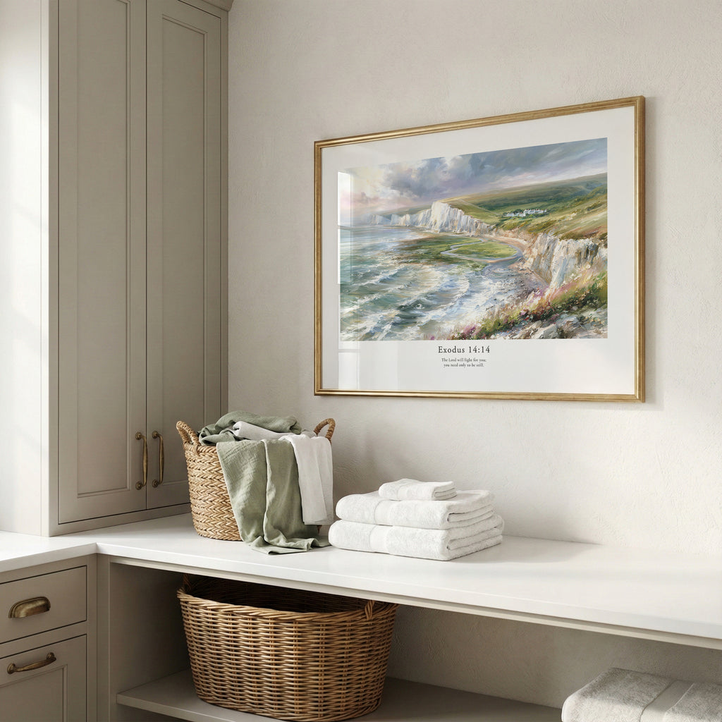 Exodus 14:14 Bible verse wall art featuring a windswept coast and white cliffs in a bright neutral interior.