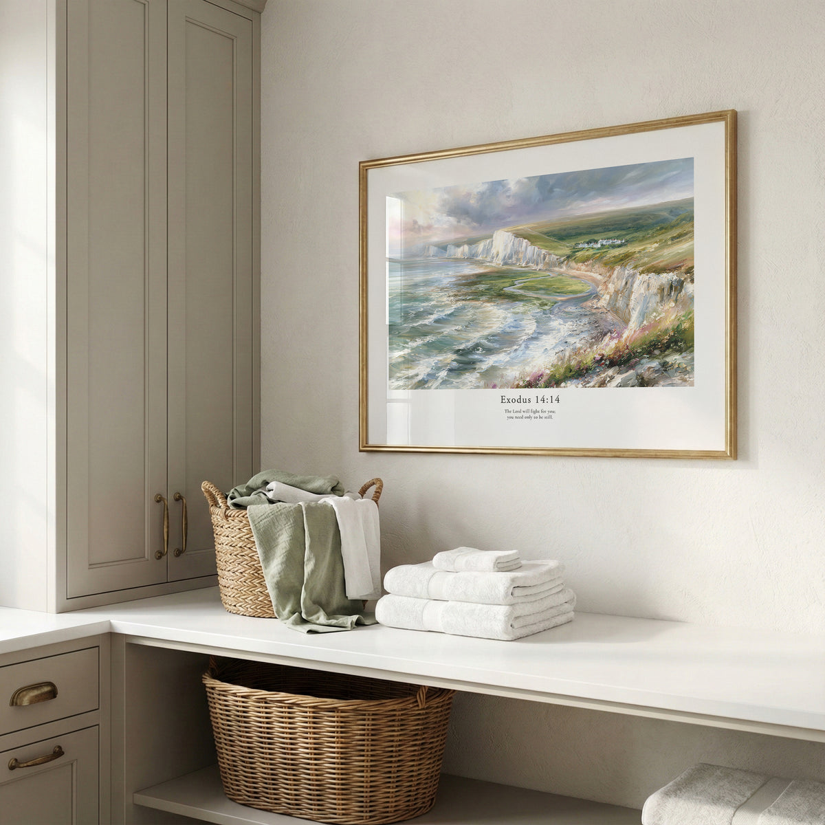 Exodus 14:14 Bible verse wall art featuring a windswept coast and white cliffs in a bright neutral interior.