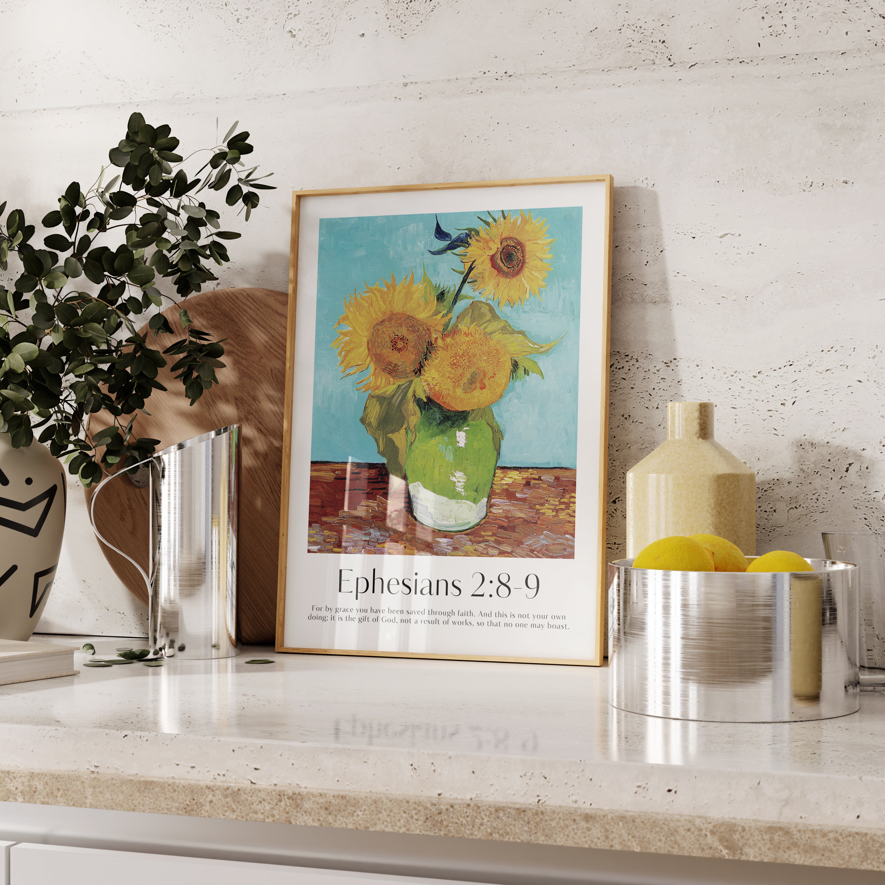 A framed Christian Print  on the kitchen counter with a vintage floral print by Van Gogh and the bible verse Ephesians 2:8-9