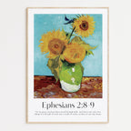 A framed Christian Print with a vintage floral print by Van Gogh and the bible verse Ephesians 2:8-9
