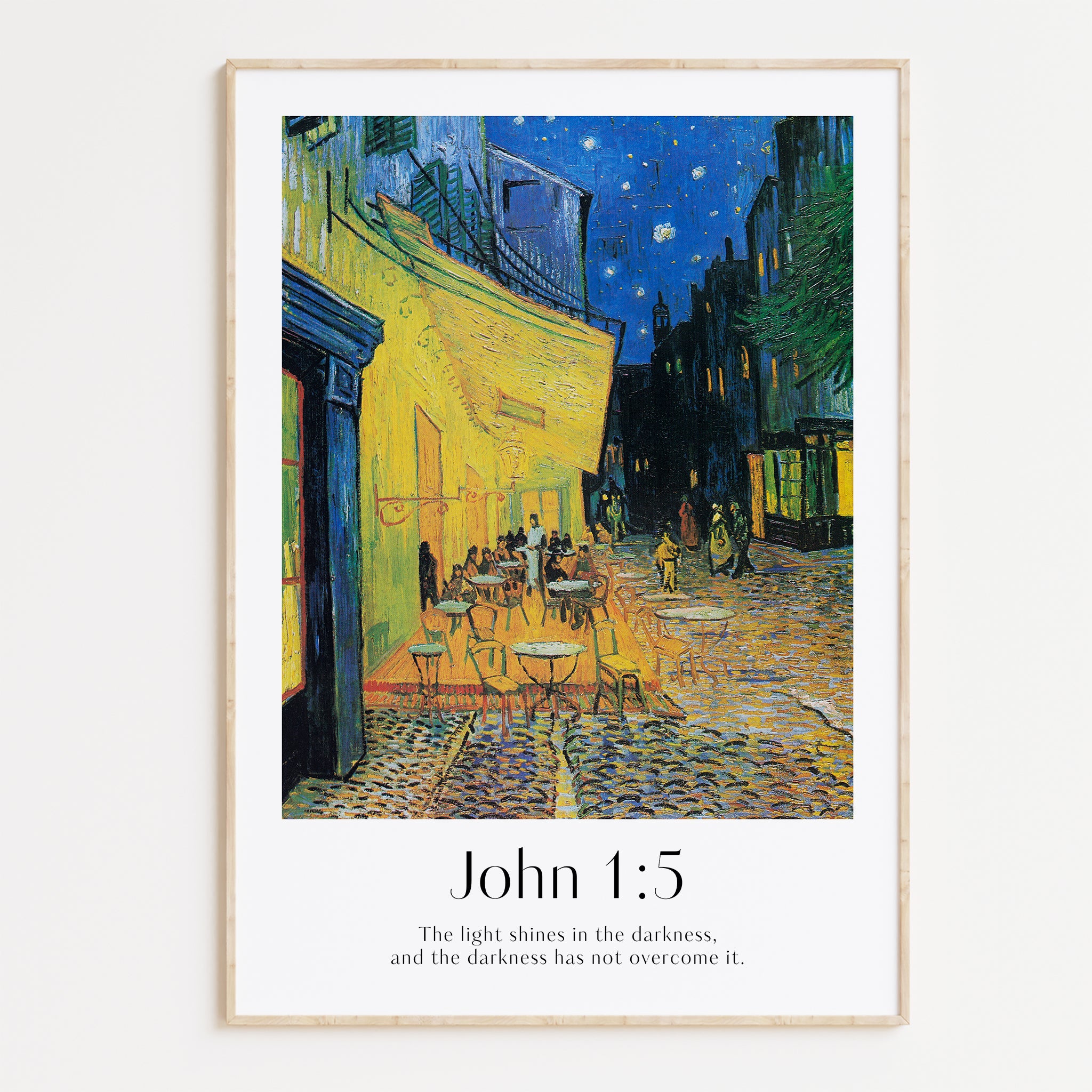 A framed Christian Print with a vintage landscape by Van Gogh and the bible verse John 1:5