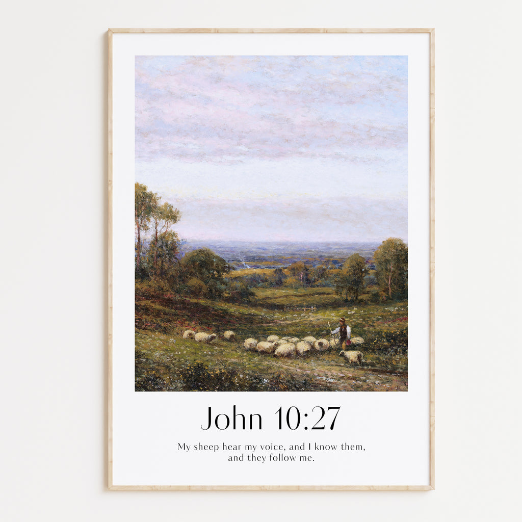 A framed Christian Print for Easter with a vintage landscape and the bible verse John 10:27 My sheep hear my voice