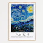 A framed Christian Print with a vintage landscape by Van Gogh and the bible verse Psalm 8:34