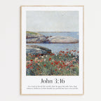 A framed Christian Print with a vintage seascape and the bible verse John 3:16