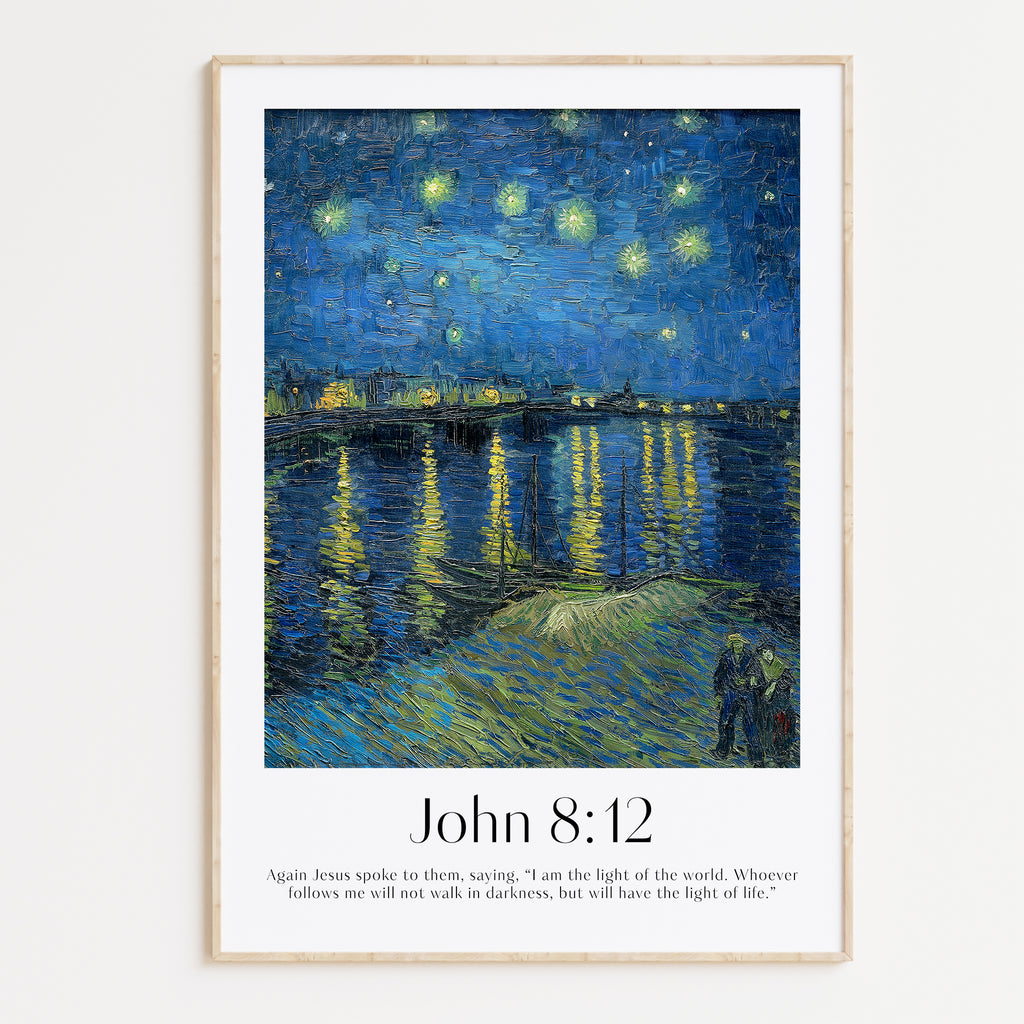 A framed Christian Print with a vintage landscape by Van Gogh and the bible verse John 8:12