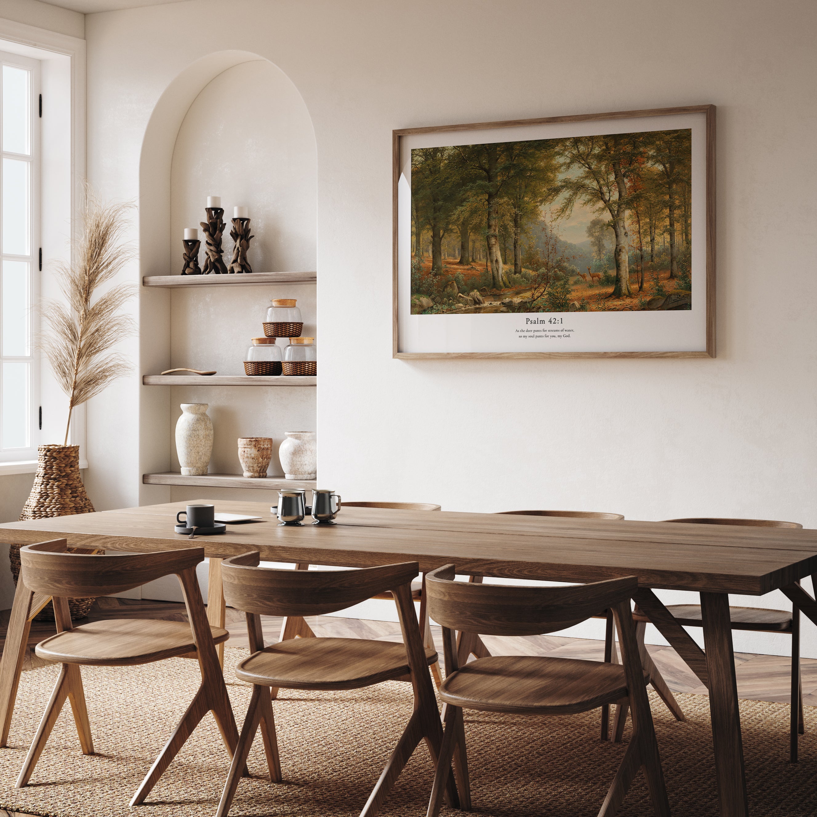Dining room with wooden table and chairs, shelves with decor items, and a framed christian thanksgiving landscape painting on the wall.