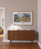 Psalm 16:8 Christian art print featuring a colourful mountain valley, styled above a wooden console in a neutral interior.
