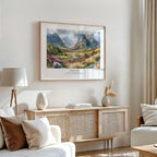 Psalm 16:8 Bible verse wall art featuring a serene mountain valley, styled in a warm neutral living room.