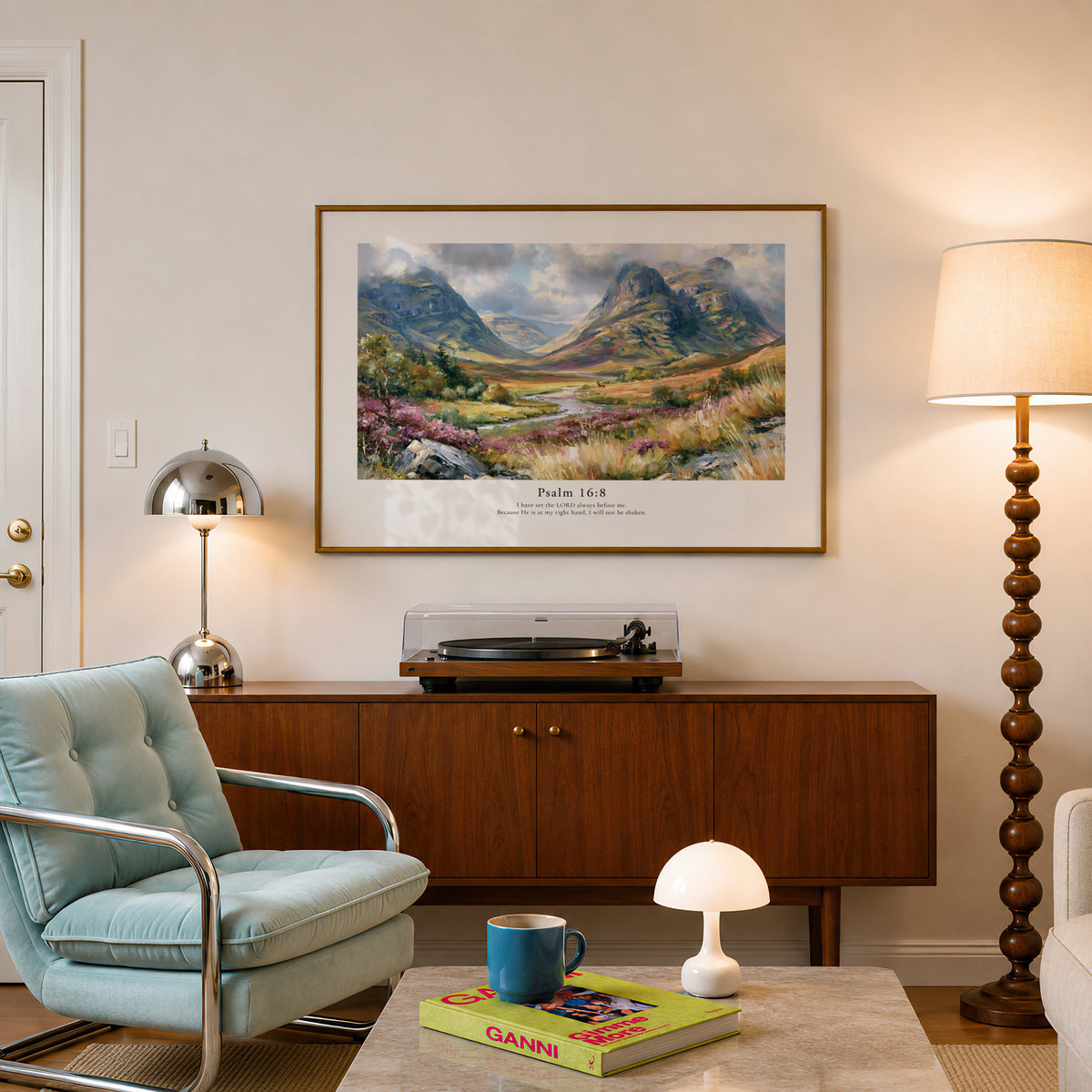 Christian wall art featuring Psalm 16:8 and a colourful mountain scene, displayed above a mid-century wooden console.