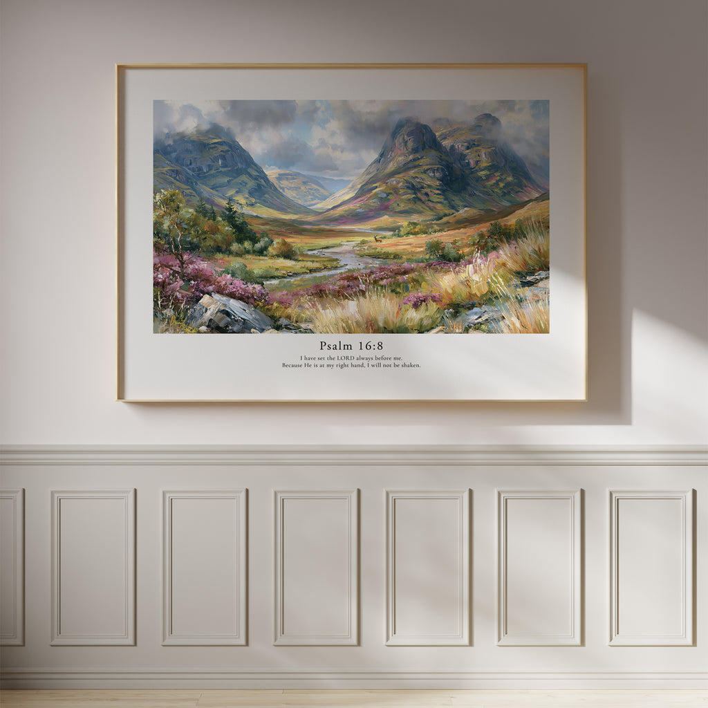 Psalm 16:8 Christian wall art featuring a dramatic mountain valley landscape, framed on a white panelled wall.