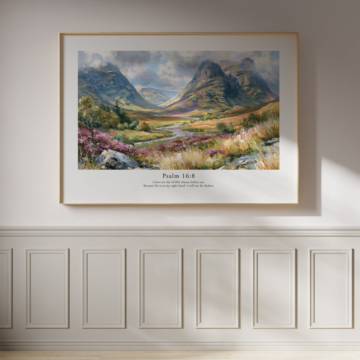 Psalm 16:8 Christian wall art featuring a dramatic mountain valley landscape, framed on a white panelled wall.