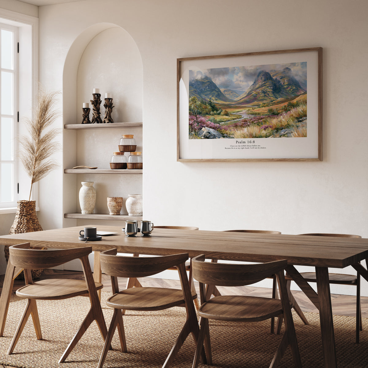 Framed Psalm 16:8 scripture wall art with a peaceful mountain landscape, styled in a neutral dining room.