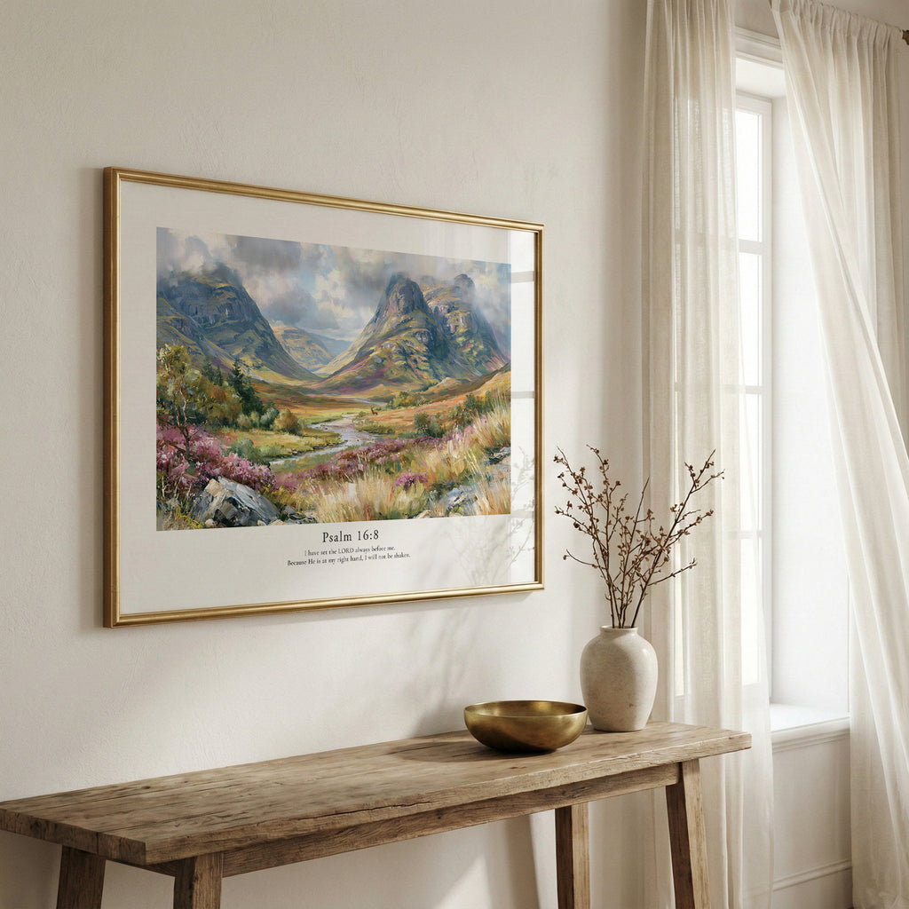 Psalm 16:8 Christian wall art featuring a dramatic mountain valley, framed above a rustic wooden bench.