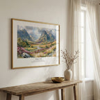 Psalm 16:8 Christian wall art featuring a dramatic mountain valley, framed above a rustic wooden bench.