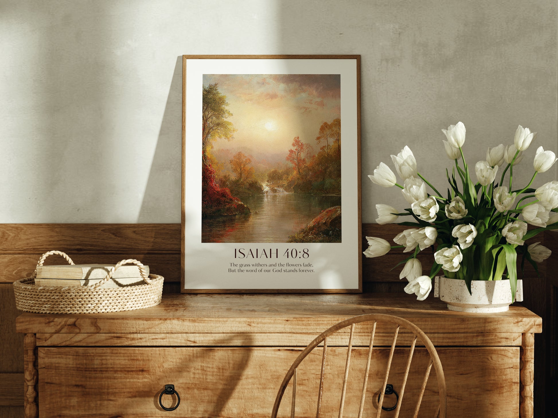 Isaiah 40-8, The grass withers and the flowers fade But the word of our God stands forever Framed Print. High-quality Christian Thanksgiving Seasonal Home Decor. Christian Wall Art Gift.