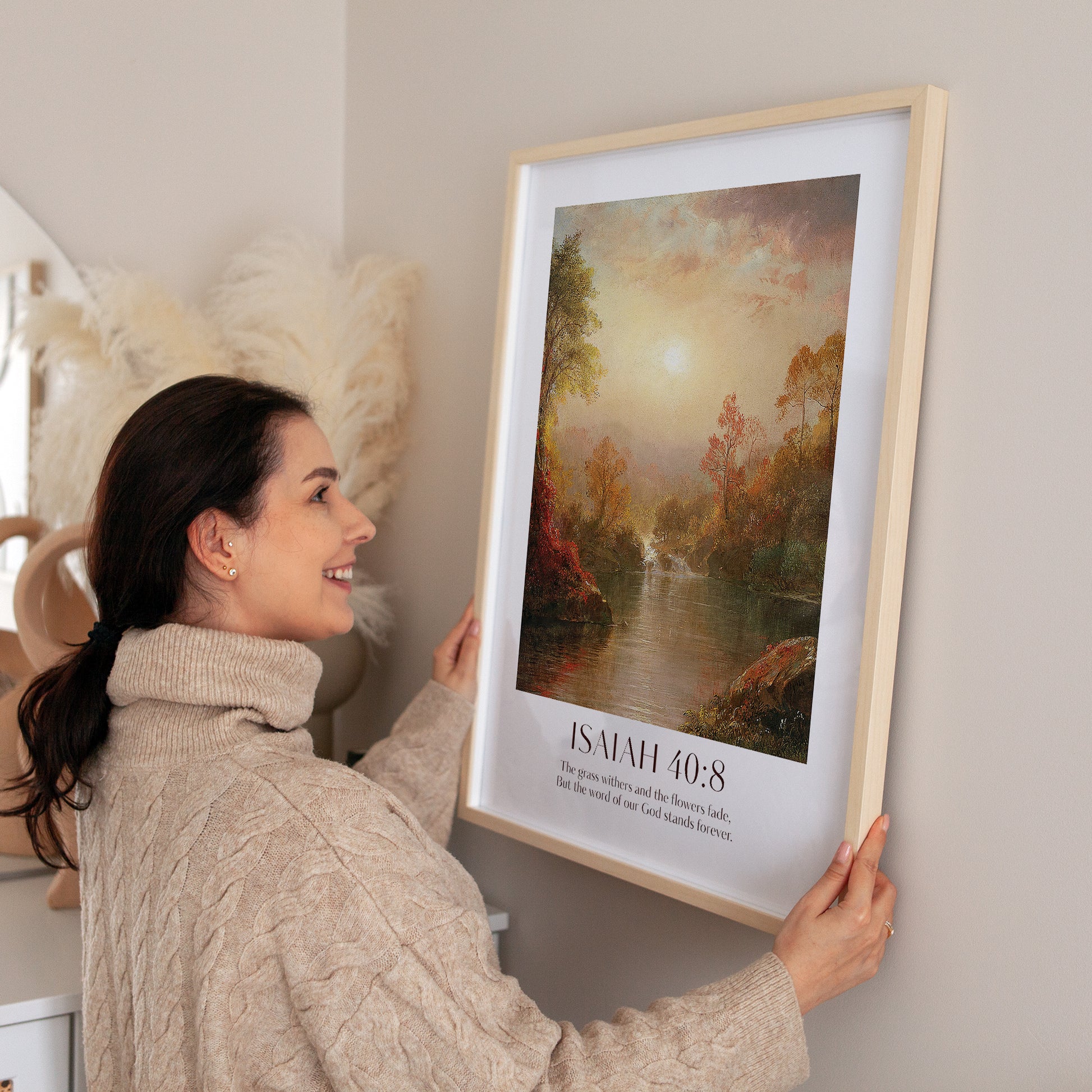 Isaiah 40-8, The grass withers and the flowers fade But the word of our God stands forever Framed Print. High-quality Christian Thanksgiving Seasonal Home Decor. Christian Wall Art Gift.