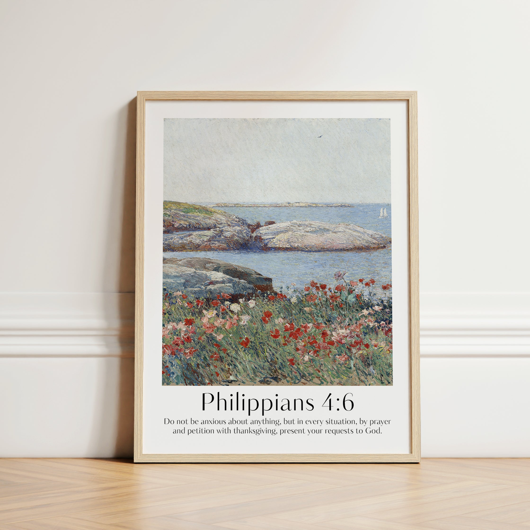 A large custom Christian Print with a beautiful seascape and the verse from Philippians 4:6 in a home