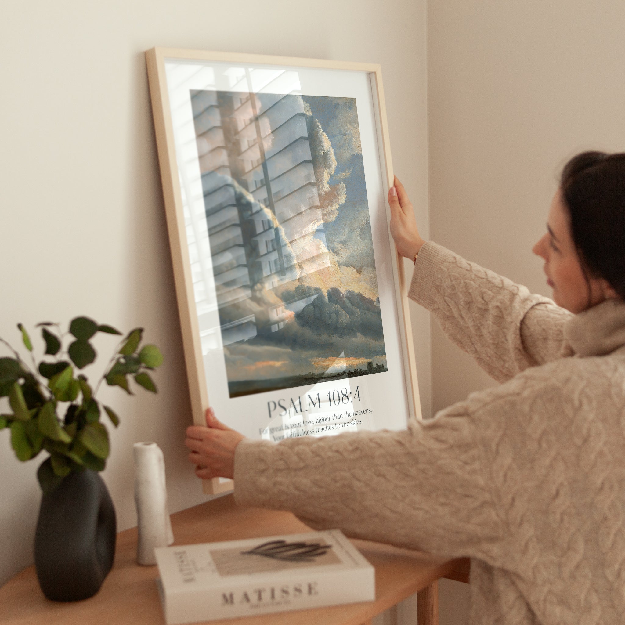 Psalm 108:4 'For great is your love, higher than the heavens; Your faithfulness reaches to the skies' Framed Print. High-quality Christian Thanksgiving Seasonal Home Decor. Christian Wall Art Gift.