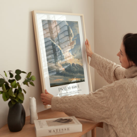 Psalm 108:4 'For great is your love, higher than the heavens; Your faithfulness reaches to the skies' Framed Print. High-quality Christian Thanksgiving Seasonal Home Decor. Christian Wall Art Gift.