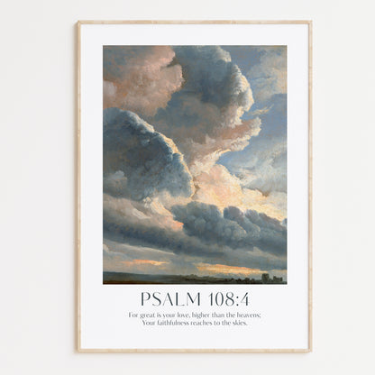 Psalm 108:4 'For great is your love, higher than the heavens; Your faithfulness reaches to the skies' Framed Print. High-quality Christian Thanksgiving Seasonal Home Decor. Christian Wall Art Gift.