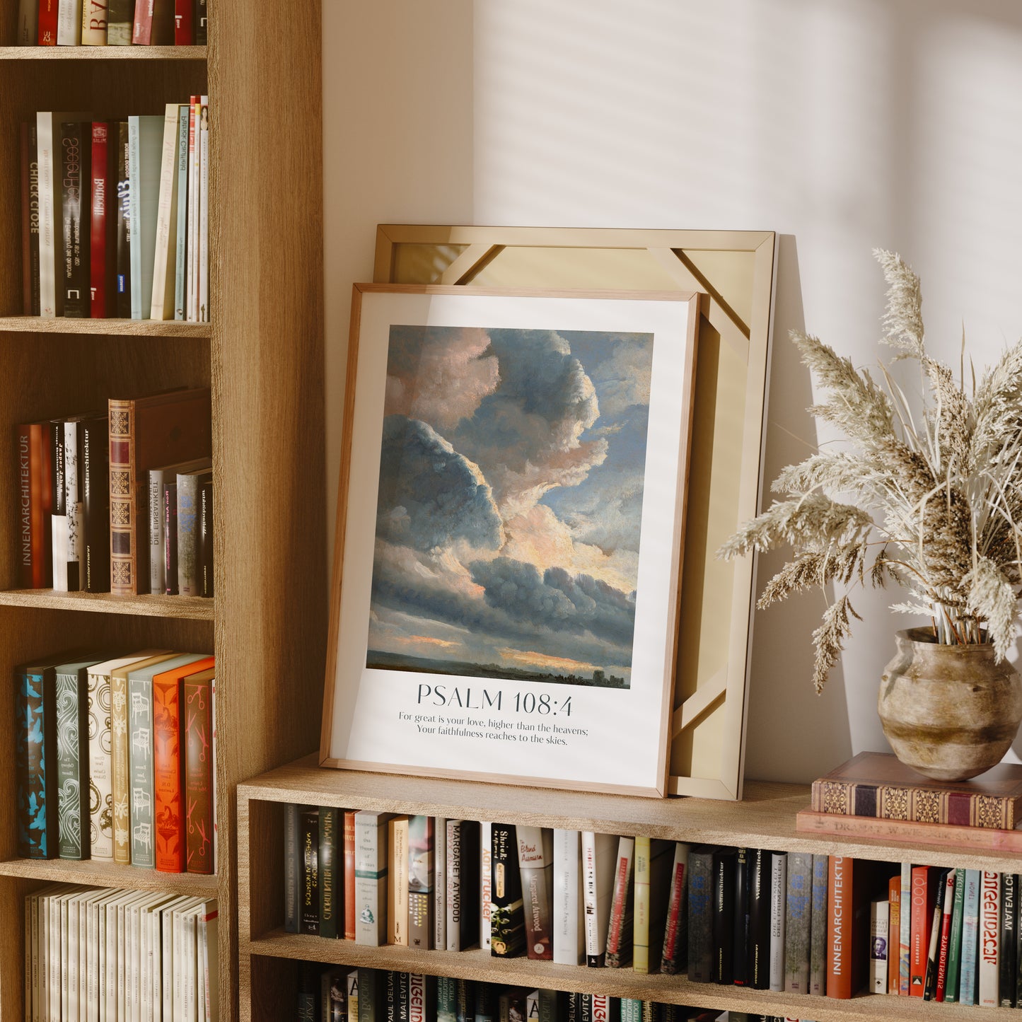 Psalm 108:4 'For great is your love, higher than the heavens; Your faithfulness reaches to the skies' Framed Print. High-quality Christian Thanksgiving Seasonal Home Decor. Christian Wall Art Gift.