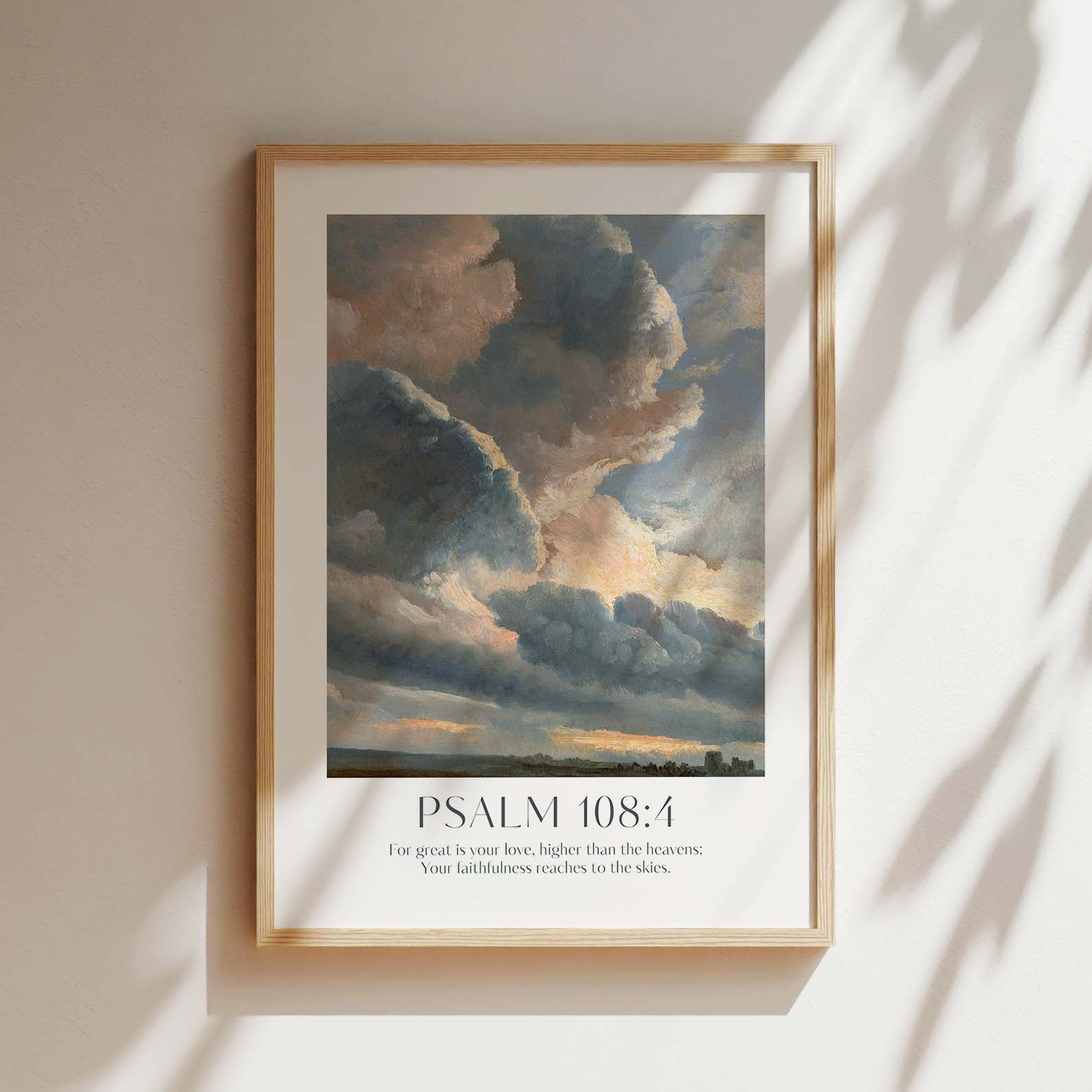 Psalm 108:4 'For great is your love, higher than the heavens; Your faithfulness reaches to the skies' Framed Print. High-quality Christian Thanksgiving Seasonal Home Decor. Christian Wall Art Gift.