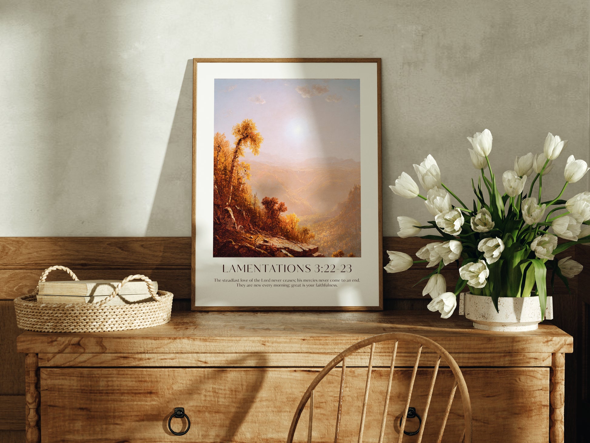 The steadfast love of the lord never ceases, Lamentations 3 Framed Print. High-quality Christian Thanksgiving Seasonal Home Decor. Christian Wall Art Gift.
