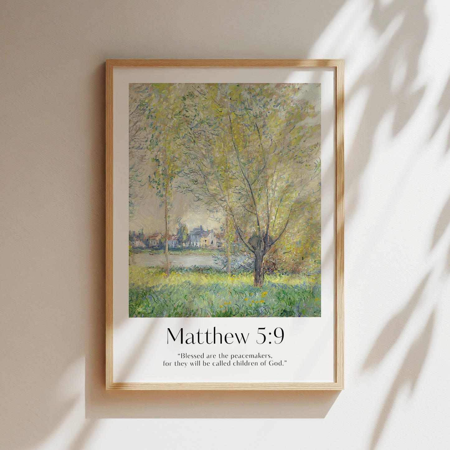 Vintage-style framed wall art showcasing a Monet painting of a landscape with the Blessed bible verse for Christian Home Decor