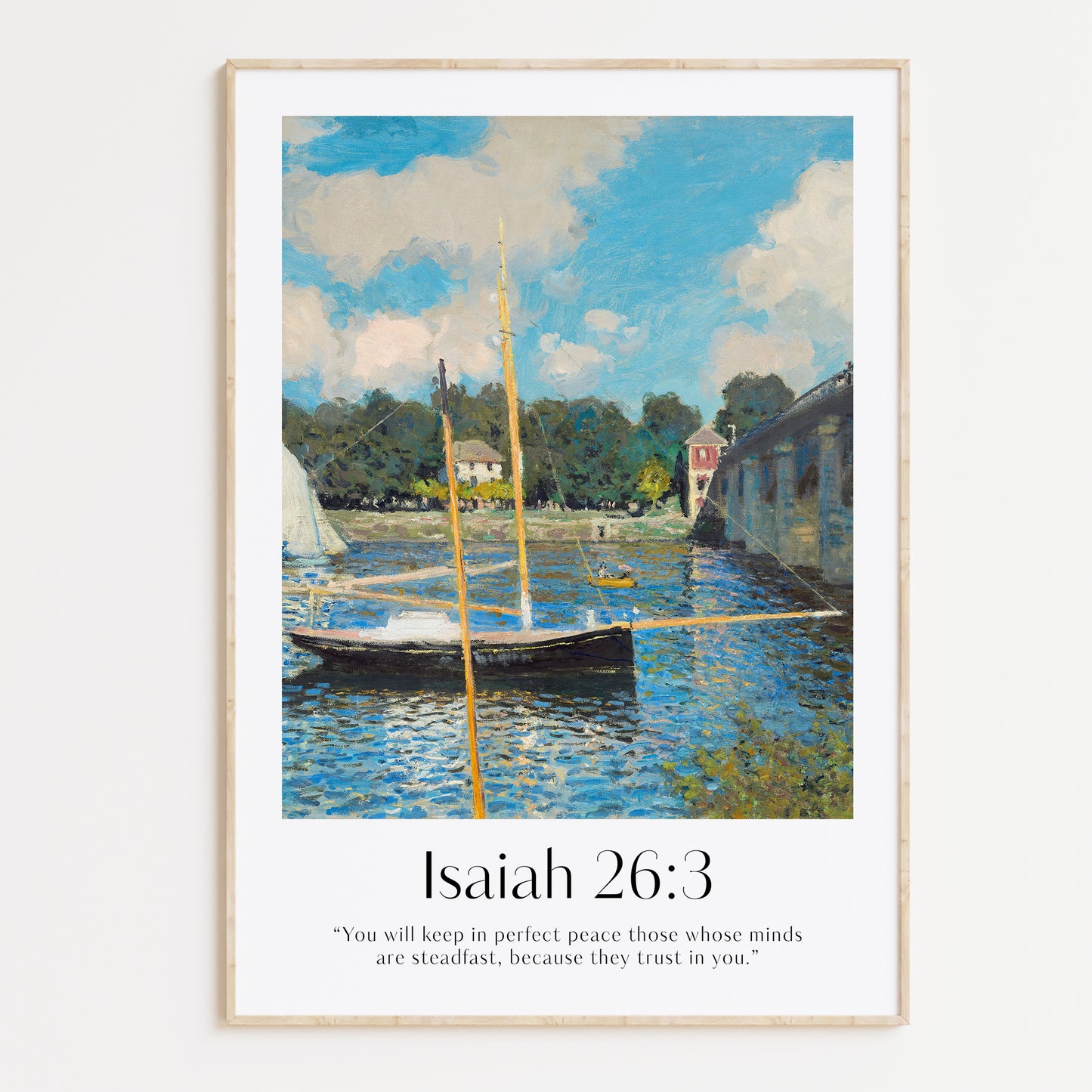 Vintage-style framed wall art showcasing a Monet painting of a landscape with the Isaiah 23:3 bible verse for Christian Home Decor