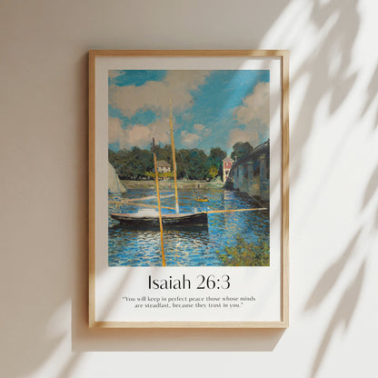 Vintage-style framed wall art showcasing a Monet painting of a landscape with the Isaiah bible verse for Christian Home Decor