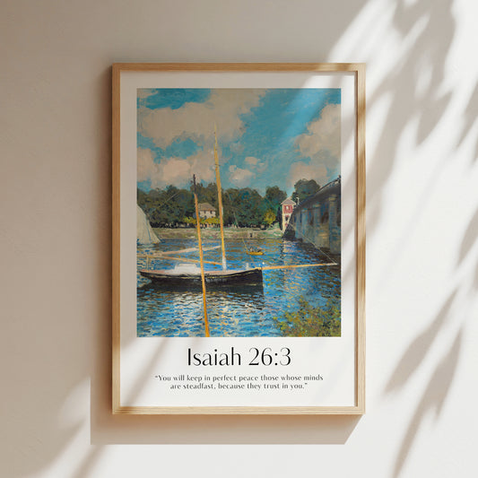 Vintage-style framed wall art showcasing a Monet painting of a landscape with the Isaiah bible verse for Christian Home Decor