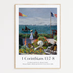 Vintage-style framed wall art showcasing a Monet painting of a landscape with the Love Never Fails bible verse for Christian Home Decor