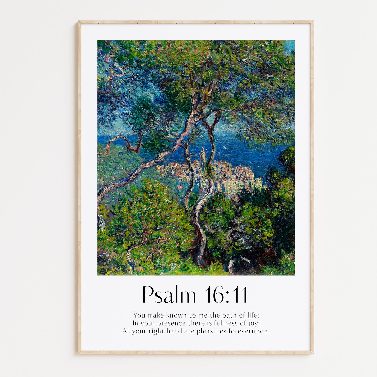 Vintage-style framed wall art showcasing a Monet painting of a landscape with the Isaiah bible verse for Christian Home Decor