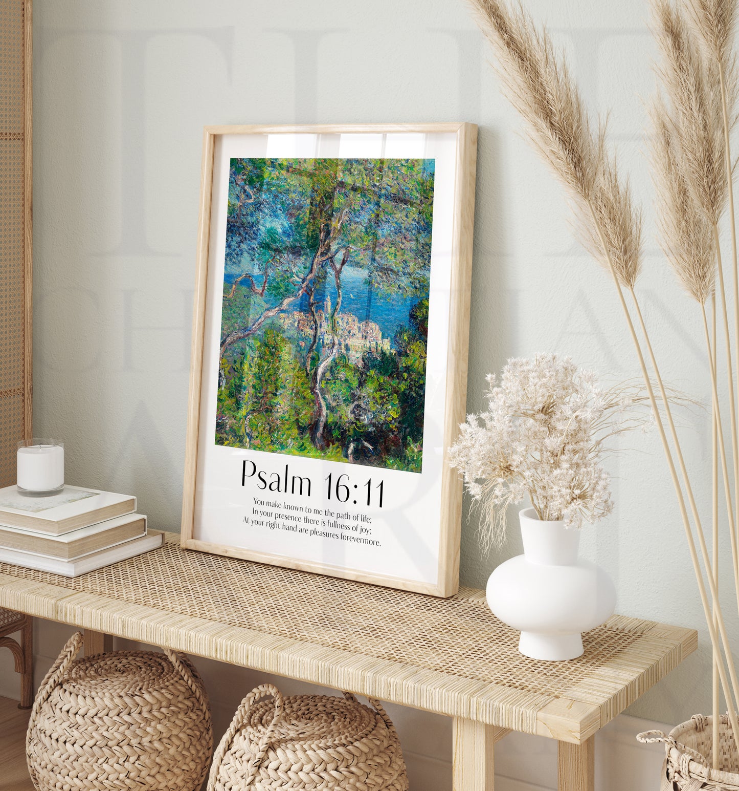 Vintage-style framed wall art showcasing a Monet painting of a landscape with the Isaiah bible verse for Christian Home Decor