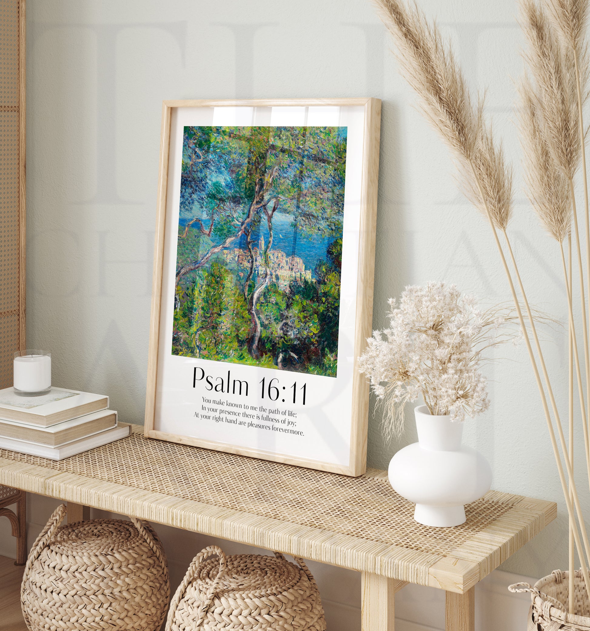 Vintage-style framed wall art showcasing a Monet painting of a landscape with the Isaiah bible verse for Christian Home Decor