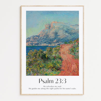 Vintage-style framed wall art showcasing a Monet painting of a landscape with the Isaiah bible verse for Christian Home Decor