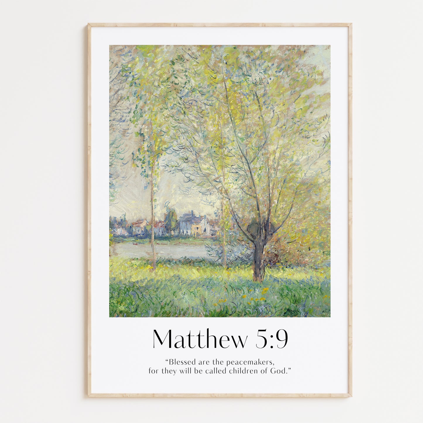 Vintage-style framed wall art showcasing a Monet painting of a landscape with the Blessed bible verse for Christian Home Decor