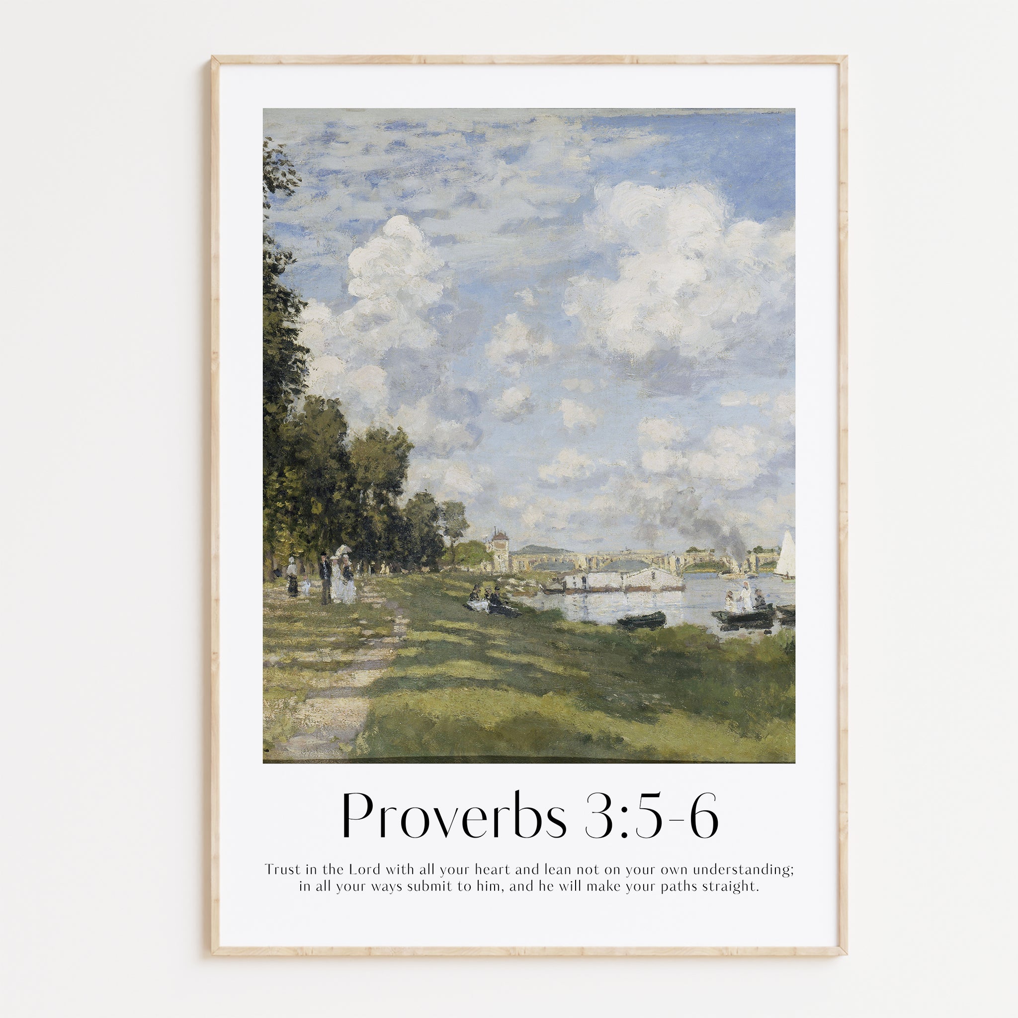 Vintage-style framed wall art showcasing a Monet painting of a landscape with the Trust In The Lord bible verse for Christian Home Decor
