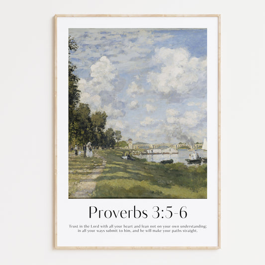 Vintage-style framed wall art showcasing a Monet painting of a landscape with the Trust In The Lord bible verse for Christian Home Decor