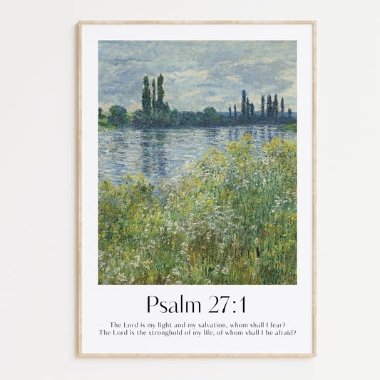 Vintage-style framed wall art showcasing a Monet painting of a landscape with the Psalm 27:1 bible verse for Christian Home Decor