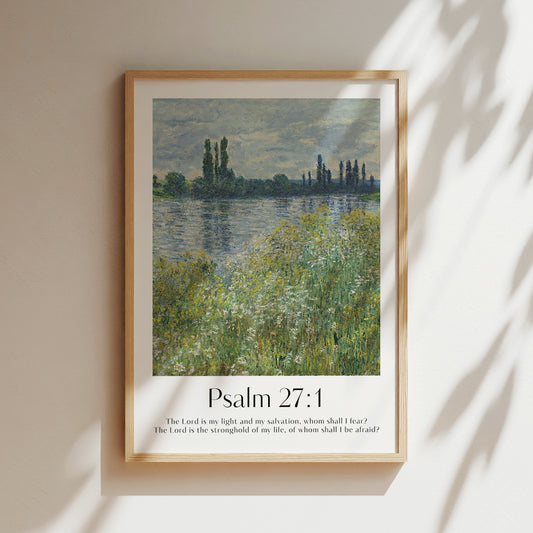 Vintage-style framed wall art showcasing a Monet painting of a landscape with the Psalm 27:1 bible verse for Christian Home Decor