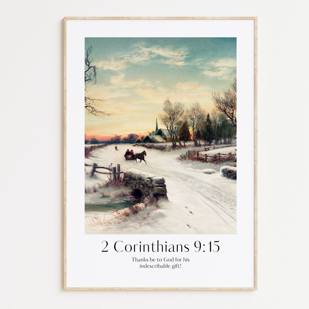 Vintage Artwork and ModernChristian Christmas Framed Print with people ice-skating and the bible verse from 2 Corinthians 9:15: "Thanks be to God for his indescribable gift!"