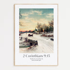 Vintage Artwork and ModernChristian Christmas Framed Print with people ice-skating and the bible verse from 2 Corinthians 9:15: "Thanks be to God for his indescribable gift!"