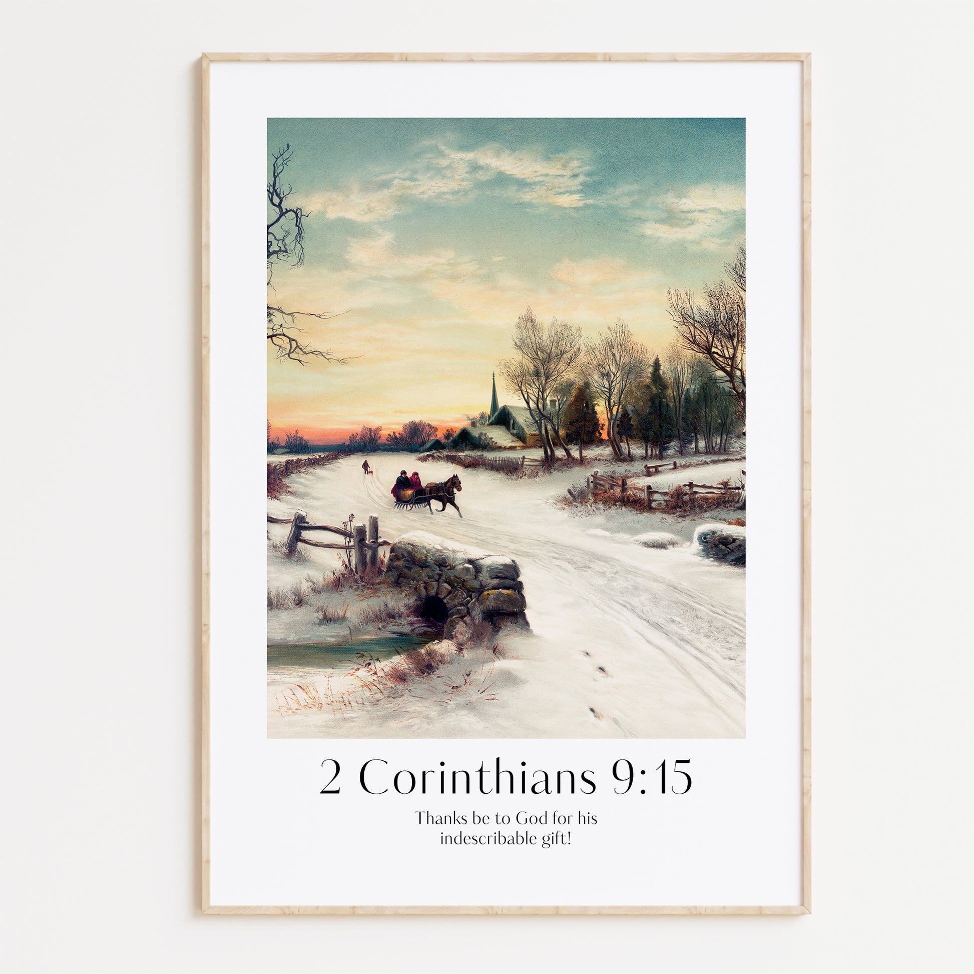 Vintage Artwork and ModernChristian Christmas Framed Print with people ice-skating and the bible verse from 2 Corinthians 9:15: "Thanks be to God for his indescribable gift!"