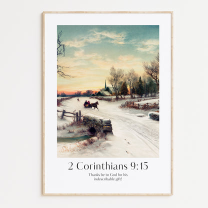 Vintage Artwork and ModernChristian Christmas Framed Print with people ice-skating and the bible verse from 2 Corinthians 9:15: "Thanks be to God for his indescribable gift!"