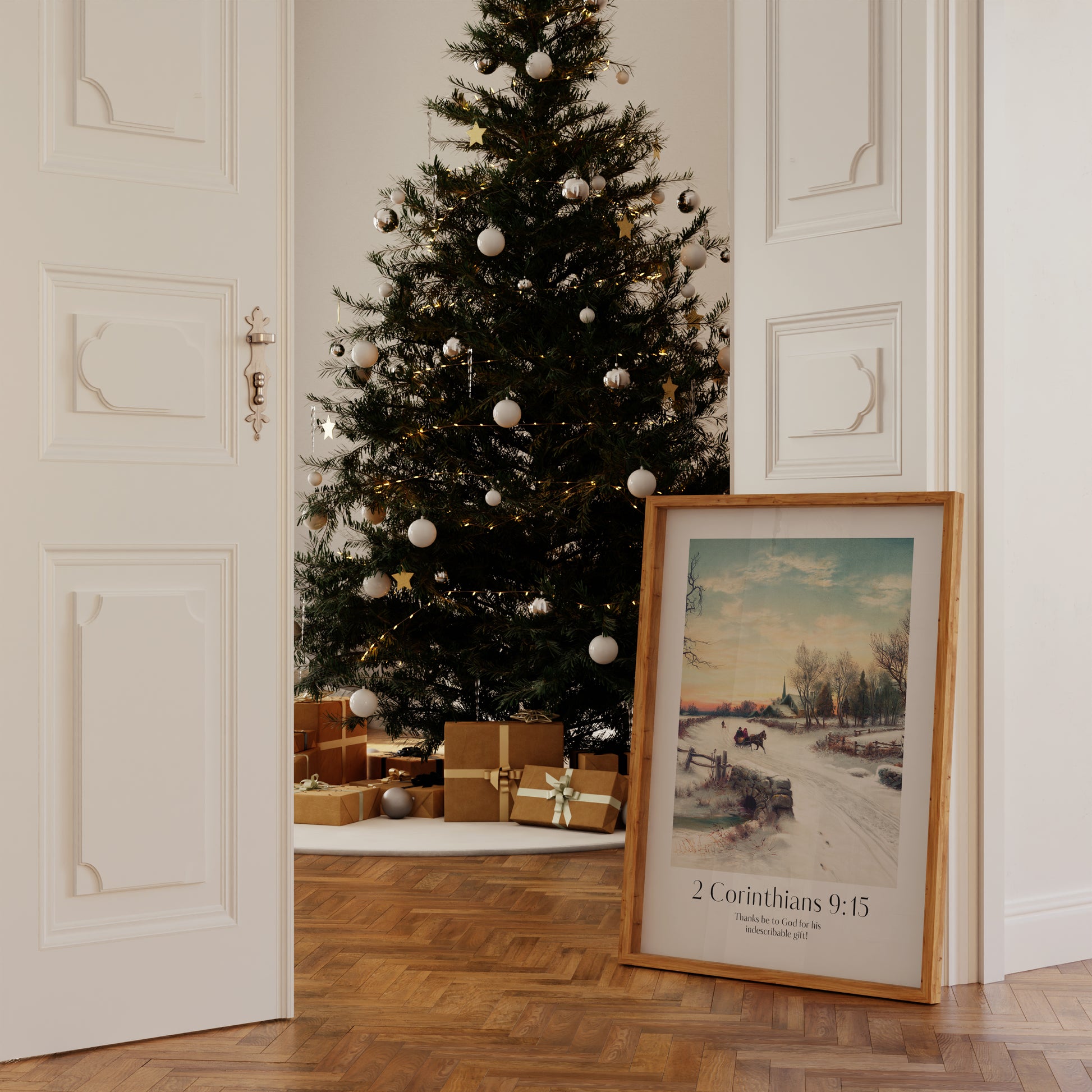 Vintage Artwork and ModernChristian Christmas Framed Print with people ice-skating and the bible verse from 2 Corinthians 9:15: "Thanks be to God for his indescribable gift!"