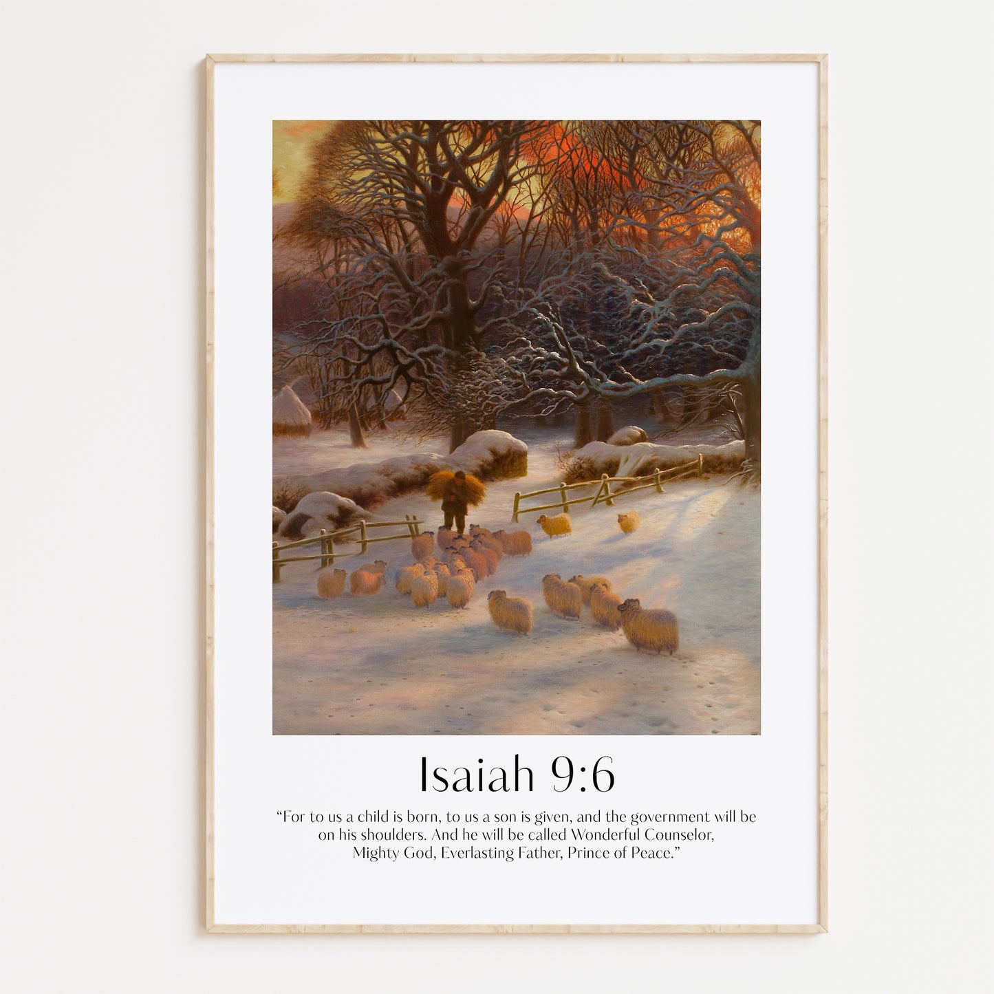 Vintage Artwork and ModernChristian Christmas Framed Print with people ice-skating and the bible verse from Isaiah 9:6: For to us a child is born, to us a son is given, and the government will be on his shoulders. And he will be called Wonderful Counselor, Mighty God, Everlasting Father, Prince of Peace.