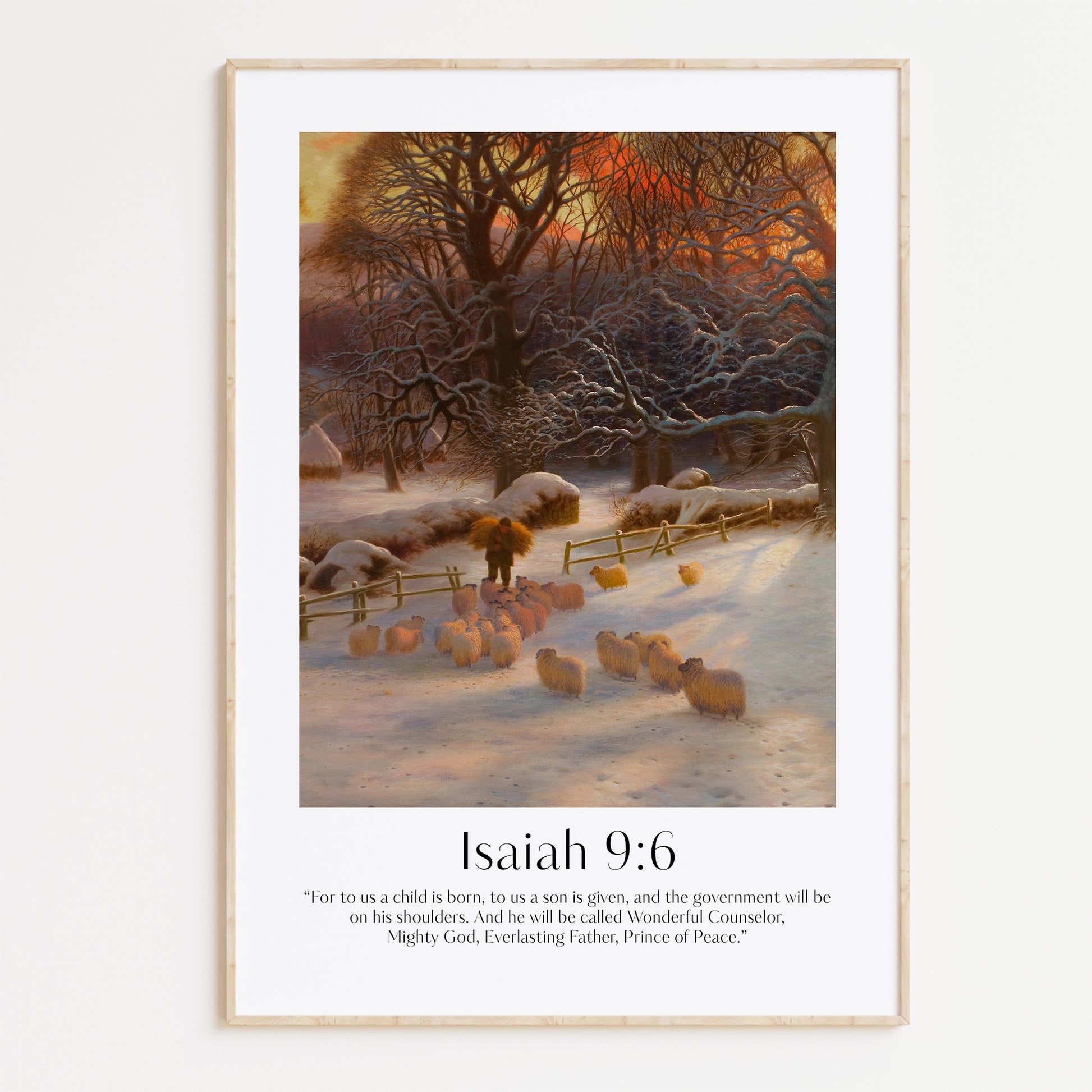 Vintage Artwork and ModernChristian Christmas Framed Print with people ice-skating and the bible verse from Isaiah 9:6: For to us a child is born, to us a son is given, and the government will be on his shoulders. And he will be called Wonderful Counselor, Mighty God, Everlasting Father, Prince of Peace.
